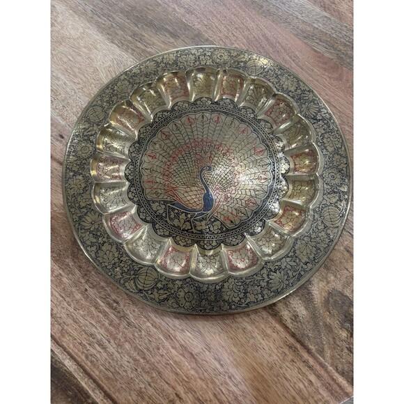 Vintage Brass Painted Peacock Etched Wall Plate 13” - Picture 1 of 3